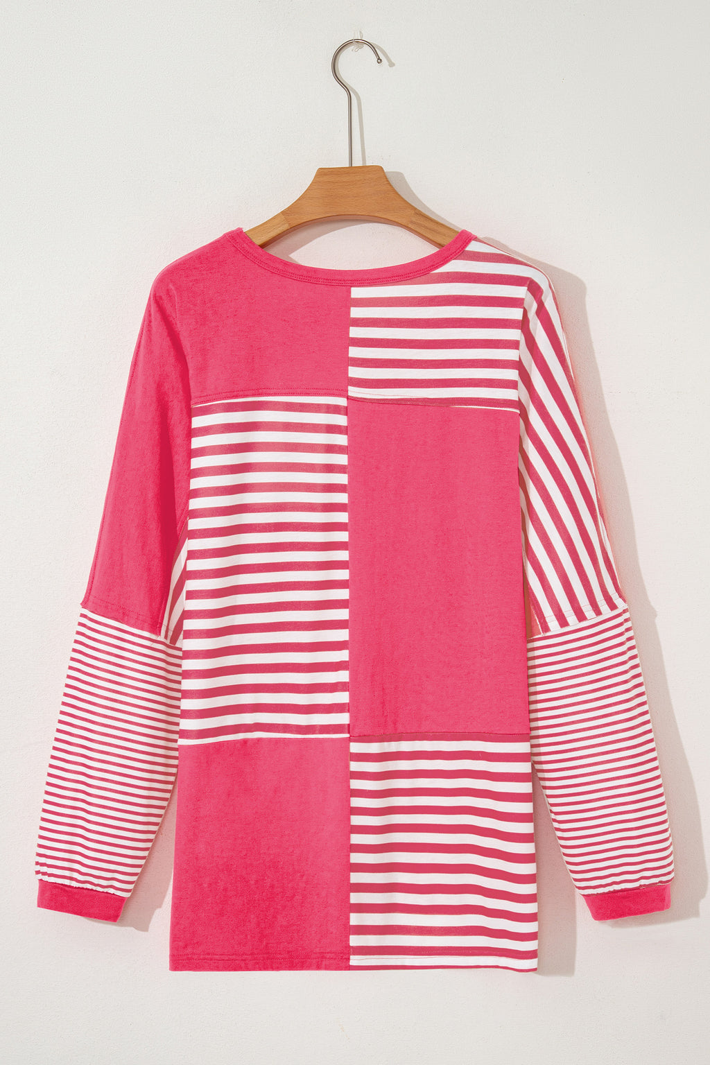 Pink Stripe Color Block Patchwork Drop Shoulder Long Sleeve Tunic Top