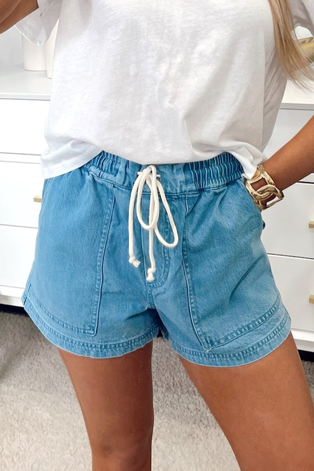 Beau Blue Drawstring Elastic Waist Denim Shorts