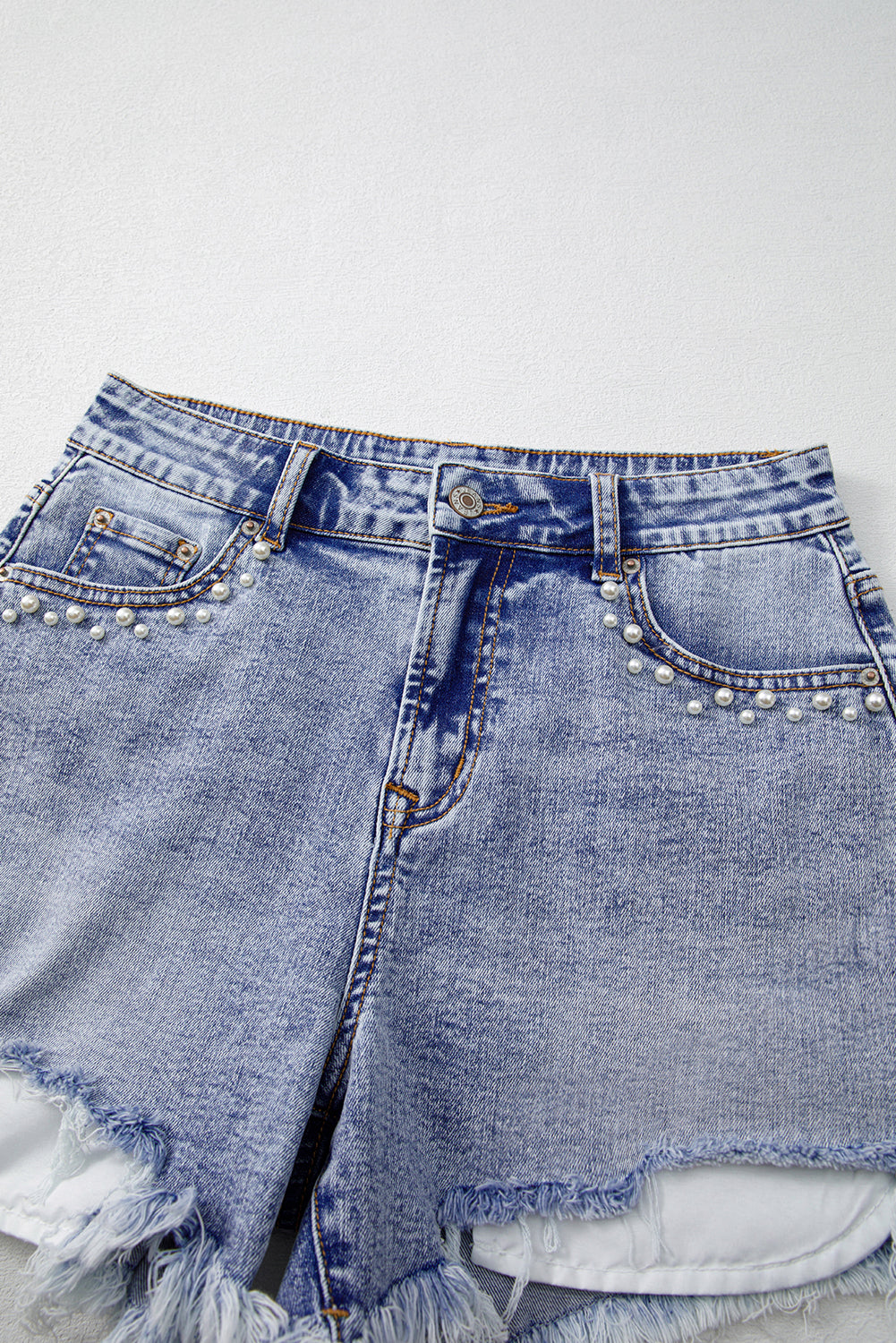 Beau Blue Pearl Studded Pocket Raw Hem Denim Shorts